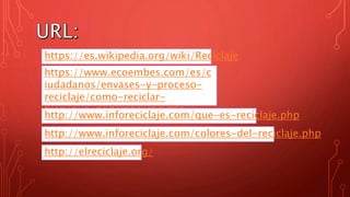https://es.wikipedia.org/wiki/Reciclaje
https://www.ecoembes.com/es/c
iudadanos/envases-y-proceso-
reciclaje/como-reciclar-
bien/que-podemos-reciclar
http://www.inforeciclaje.com/que-es-reciclaje.php
http://www.inforeciclaje.com/colores-del-reciclaje.php
http://elreciclaje.org/
 