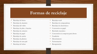 Formas de reciclaje
• Reciclaje de hierro
• Reciclaje de aluminio
• Reciclaje del vidrio
• Reciclaje de pilas y baterías
• Reciclaje de cemento
• Reciclaje de papel
• Reciclaje de cartón
• Reciclaje de plástico
• Reciclaje de tetra pak
• Reciclaje de bolsas
• Reciclaje textil
• Reciclaje de computadoras
• Reciclaje de electrónicos
• Conversión en papel
• Reciclado mecánico
• Conversión en composta para abono
• Fundición
• Derretimiento
• Fermentación
• Recuperación
 