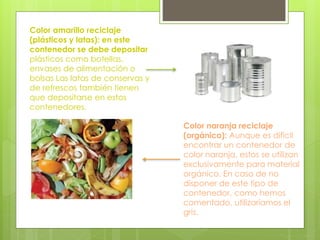 Color amarillo reciclaje 
(plásticos y latas): en este 
contenedor se debe depositar 
plásticos como botellas, 
envases de alimentación o 
bolsas Las latas de conservas y 
de refrescos también tienen 
que depositarse en estos 
contenedores. 
Color naranja reciclaje 
(orgánico): Aunque es difícil 
encontrar un contenedor de 
color naranja, estos se utilizan 
exclusivamente para material 
orgánico. En caso de no 
disponer de este tipo de 
contenedor, como hemos 
comentado, utilizaríamos el 
gris. 
 