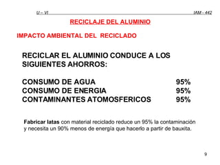 U – VI  IAM - 442 RECICLAJE DEL ALUMINIO IMPACTO AMBIENTAL DEL  RECICLADO RECICLAR EL ALUMINIO CONDUCE A LOS SIGUIENTES AHORROS: CONSUMO DE AGUA 95% CONSUMO DE ENERGIA 95% CONTAMINANTES ATOMOSFERICOS 95% Fabricar latas  con material reciclado reduce un 95% la contaminación y necesita un 90% menos de energía que hacerlo a partir de bauxita. 