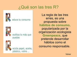 ¿Qué son las tres R?
La regla de las tres
erres, es una
propuesta sobre
hábitos de consumo,
popularizada por la
organización ecologista
Greenpeace, que
pretende desarrollar
hábitos como el
consumo responsable.
Volver
 