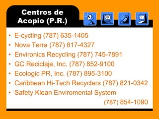 SustanciasTóxicasLos aparatos electrónicos contienen sustancias tóxicas como el plomo,                         arsénico, selenio, cromo, cobalto                           y mercurio.Mientras los aparatos están en funcionamiento dichas sustancias no producen daño. Al ser desechados, pueden liberar los elementos mencionados, causando problemas para la salud humana, de los animales y del medio ambiente.