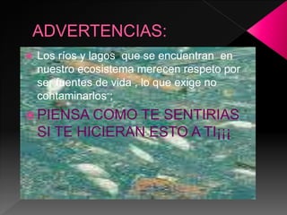  Los ríos y lagos que se encuentran en
nuestro ecosistema merecen respeto por
ser fuentes de vida , lo que exige no
contaminarlos ;
 PIENSA COMO TE SENTIRIAS
SI TE HICIERAN ESTO A TI¡¡¡
 