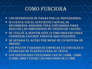 COMO FUNCIONACOMO FUNCIONA
 LOs NeUMátICOs se pAsAN pOr LA trItUrAdOrA.LOs NeUMátICOs se pAsAN pOr LA trItUrAdOrA.
 sI CUeNtA CON eL sUFICIeNte CApItAL sesI CUeNtA CON eL sUFICIeNte CApItAL se
reCOMIeNdA AdqUIrIr OtrA COrtAdOrA pArAreCOMIeNdA AdqUIrIr OtrA COrtAdOrA pArA
redUCIr LAs dIMeNsIONes de trOzOs de CAUChO.redUCIr LAs dIMeNsIONes de trOzOs de CAUChO.
 se vUeLve A repetIr este ULtIMO prOCesO pArAse vUeLve A repetIr este ULtIMO prOCesO pArA
CONsegUIr CAUChOs tOdAvíA MAs peqUeñOs.CONsegUIr CAUChOs tOdAvíA MAs peqUeñOs.
 se sepArA eL ACerO pOr MedIO de UN sIsteMA dese sepArA eL ACerO pOr MedIO de UN sIsteMA de
IMANes.IMANes.
 LOs pOLvOs y grANOs se eMpACAN eN COstALes OLOs pOLvOs y grANOs se eMpACAN eN COstALes O
eN bOLsAs de pLástICO pArA sU veNtA.eN bOLsAs de pLástICO pArA sU veNtA.
 LOs trOzOs MAs UtILIzAdOs vAN de 16MM, 10MM,LOs trOzOs MAs UtILIzAdOs vAN de 16MM, 10MM,
3.5MM, 2MM y eNtre LOs MAs FINOs de 0.7MM.3.5MM, 2MM y eNtre LOs MAs FINOs de 0.7MM.
 