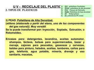 2) PEAD. Polietileno de Alta Densidad.
(etileno (elaborado a partir del etano, uno de los componentes
del gas natural)). Muy versátil
Se lo puede transformar por: Inyección, Soplado, Extrusión, o
Rotomoldeo.
Envases para: detergentes, lavandina, aceites automotor,
shampoo, lácteos, bolsas para supermercados, bazar y
menaje, cajones para pescados, gaseosas y cervezas,
baldes para pintura, helados, aceites, tambores, caños para
gas, telefonía, agua potable, minería, drenaje y uso
sanitario, macetas,
U V - RECICLAJE DEL PLASTICO
2. TIPOS DE PLÁSTICOS
1) PET polietileno Tereftalato
2) PEAD polietileno de alta densidad
3) PVC Cloruro de Polivinilo
4) PEBD Polietileno de baja densidad
5) PP Polipropileno
6) PS poliestireno PS cristaL
 