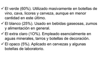  El verde (60%). Utilizado masivamente en botellas de
vino, cava, licores y cerveza, aunque en menor
cantidad en este último.
 El blanco (25%). Usado en bebidas gaseosas, zumos
y alimentación en general.
 El extra claro (1O%). Empleado esencialmente en
aguas minerales, tarros y botellas de decoración.
 El opaco (5%). Aplicado en cervezas y algunas
botellas de laboratorio.
 