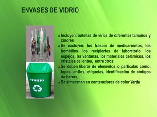 Incluyen: botellas de virios de diferentes tamaños y
colores
Se excluyen: los frascos de medicamentos, los
bombillos, los recipientes de laboratorio, los
espejos, las ventanas, los materiales cerámicos, los
cristales de lentes, entre otros
Se deben liberar de elementos o partículas como:
tapas, anillos, etiquetas, identificación de códigos
de barras,…
Se almacenan en contenedores de color Verde
ENVASES DE VIDRIO
 