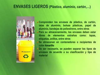 Comprenden los envases de plástico, de cartón,
latas de aluminio, bolsas plásticas, papel de
aluminio, bandejas de poliestireno, entre otros
Para su almacenamiento, los envases deben estar
libres de elementos extraños como: tapas,
etiquetas, anillos, entre otros
Se almacenan en contenedores o recipientes de
color Amarillo
De ser necesario, se pueden separar los tipos de
envases de acuerdo a su clasificación y tipo de
material
ENVASES LIGEROS (Plástico, aluminio, cartón,…)
 