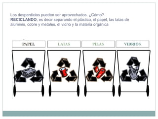 Los desperdicios pueden ser aprovechados. ¿Cómo?
RECICLANDO, es decir separando el plástico, el papel, las latas de
aluminio, cobre y metales, el vidrio y la materia orgánica
 