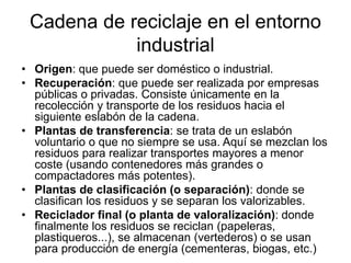 Cadena de reciclaje en el entorno
industrial
• Origen: que puede ser doméstico o industrial.
• Recuperación: que puede ser realizada por empresas
públicas o privadas. Consiste únicamente en la
recolección y transporte de los residuos hacia el
siguiente eslabón de la cadena.
• Plantas de transferencia: se trata de un eslabón
voluntario o que no siempre se usa. Aquí se mezclan los
residuos para realizar transportes mayores a menor
coste (usando contenedores más grandes o
compactadores más potentes).
• Plantas de clasificación (o separación): donde se
clasifican los residuos y se separan los valorizables.
• Reciclador final (o planta de valoralización): donde
finalmente los residuos se reciclan (papeleras,
plastiqueros...), se almacenan (vertederos) o se usan
para producción de energía (cementeras, biogas, etc.)
 