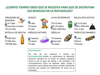 CORAZONES DE
MANZANA
1 A 2 años
Unos días a 6 meses
5 a 10 años
CHICLES
 
5 años
3 meses
7 días
LATAS DE REFRESCO
 
5 A 8 años
8 a 10 meses
200 a 500 años
BOLSAS DE PLÁSTICO
 
10 A 20 años
100 a 1000 años
5 a 7 días
BOTELLAS DE CRISTAL
 
4.000 años
1.000 años
10.000 años
 
PAÑUELOS DE PAPEL
 
2 semanas
3 meses
2 años
CERILLAS
 
3 semanas
Unos días
6 meses
 
PAPELES DE CARAMELO
 
5 años
Nunca
4 meses
 
BIODEGRADABLE
Se dice de una sustancia o materia que
es biodegradable cuando se descompone en elementos
químicos naturales por la acción de agentes biológicos
(como el sol, el agua, las plantas o los animales) y de
microorganismos (como las bacterias, algas, hongos o
levaduras) que las utilizan para producir energía y elementos
químicos que pueden ser reabsorbidos de nuevo por la
naturaleza.
 