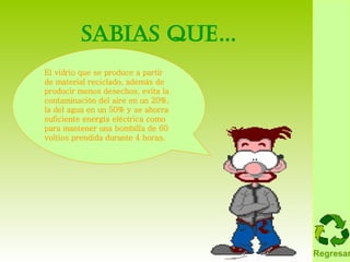 Sabias que… El vidrio que se produce a partir de material reciclado, además de producir menos desechos, evita la contaminación del aire en un 20%, la del agua en un 50% y se ahorra suficiente energía eléctrica como para mantener una bombilla de 60 voltios prendida durante 4 horas.  Regresar 