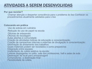 ATIVIDADES A SEREM DESENVOLVIDAS
Por que reciclar?
Chamar atenção e despertar consciência para o problema do lixo Conhecer os
procedimentos atualmente adotados para o lixo
Colocando em prática
Uso de sobras em culinária
Redução do uso de papel na escola
Oficinas de artesanato
Oficinas de reciclagem
Aulas abertas à comunidade
Criação de atividades lúdicas de educação e conscientização.
Criação de campanhas internas e externas de divulgação e conscientização:
Informação do andamento dos trabalhos
Quais materiais podem ser reciclados e como prepará-los
Integração entre equipes
Implantação de coleta seletiva na escola:
Lixeiras segregadas no pátio, sala dos professores, hall e salas de aula
Destinação de local para armazenagem
Compradores e destinação final
Periodicidade da coleta.
 