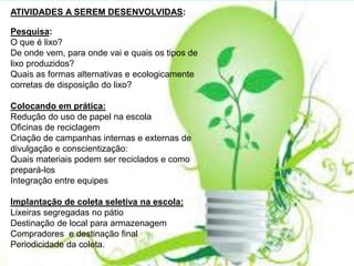 Pesquisa:
O que é lixo?
De onde vem, para onde vai e quais os tipos de
lixo produzidos?
Quais as formas alternativas e ecologicamente
corretas de disposição do lixo?
Colocando em prática:
Redução do uso de papel na escola
Oficinas de reciclagem
Criação de campanhas internas e externas de
divulgação e conscientização:
Quais materiais podem ser reciclados e como
prepará-los
Integração entre equipes
Implantação de coleta seletiva na escola:
Lixeiras segregadas no pátio
Destinação de local para armazenagem
Compradores e destinação final
Periodicidade da coleta.
ATIVIDADES A SEREM DESENVOLVIDAS:
 