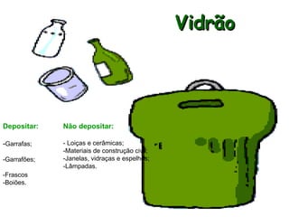 Vidrão Depositar: - Garrafas;  -Garrafões;  -Frascos   -Boiões.  Não depositar: - Loiças e cerâmicas; -Materiais de construção civil; -Janelas, vidraças e espelhos; -Lâmpadas. 