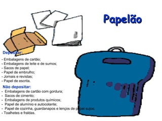 Papelão Depositar: - Embalagens de cartão; - Embalagens de leite e de sumos; - Sacos de papel; - Papel de embrulho; - Jornais e revistas; - Papel de escrita.  Não depositar: -  Embalagens de cartão com gordura; -  Sacos de cimento; -  Embalagens de produtos químicos; -  Papel de alumínio e autocolante; -  Papel de cozinha, guardanapos e lenços de papel sujos;  - Toalhetes e fraldas.  