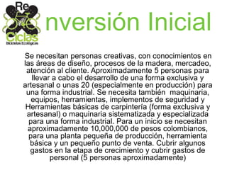 I nversión Inicial
Se necesitan personas creativas, con conocimientos en
las áreas de diseño, procesos de la madera, mercadeo,
atención al cliente. Aproximadamente 5 personas para
llevar a cabo el desarrollo de una forma exclusiva y
artesanal o unas 20 (especialmente en producción) para
una forma industrial. Se necesita también maquinaria,
equipos, herramientas, implementos de seguridad y
Herramientas básicas de carpintería (forma exclusiva y
artesanal) o maquinaria sistematizada y especializada
para una forma industrial. Para un inicio se necesitan
aproximadamente 10,000,000 de pesos colombianos,
para una planta pequeña de producción, herramienta
básica y un pequeño punto de venta. Cubrir algunos
gastos en la etapa de crecimiento y cubrir gastos de
personal (5 personas aproximadamente)
 