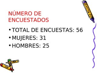 NÚMERO DE
ENCUESTADOS
• TOTAL DE ENCUESTAS: 56
• MUJERES: 31
• HOMBRES: 25
 