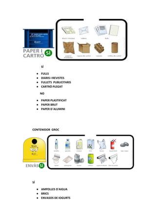 SÍ
● FULLS
● DIARIS I REVISTES
● FULLETS PUBLICITARIS
● CARTRÓ PLEGAT
NO
● PAPER PLASTIFICAT
● PAPER BRUT
● PAPER D´ALUMIN...