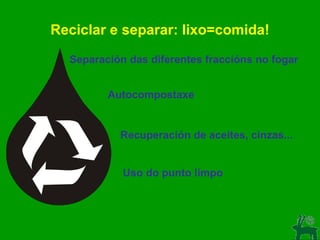 Reciclar e separar: lixo=comida! Separación das diferentes fraccións no fogar Autocompostaxe Recuperación de aceites, cinzas... Uso do punto limpo 