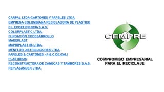 CARPAL LTDA-CARTONES Y PAPELES LTDA. 
EMPRESA COLOMBIANA RECICLADORA DE PLASTICO 
C.I. ECOEFICIENCIA S.A.S.0 
COLORPLASTIC LTDA.0 
FUNDACIÓN CODESARROLLO0 
MADEPLAST0 
MAPRIPLAST 86 LTDA.0 
MENFLOR DISTRIBUIDORES LTDA.0 
PAPELES & CARTONES - P & C DE CALI0 
PLASTIRIOS0 
RECONSTRUCTORA DE CANECAS Y TAMBORES S.A.S.0 
REPLASANDER LTDA. 
 