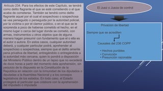 Artículo 234. Para los efectos de este Capítulo, se tendrá
como delito flagrante el que se esté cometiendo o el que
acaba de cometerse. También se tendrá como delito
flagrante aquel por el cual el sospechoso o sospechosa
se vea perseguido o perseguida por la autoridad policial,
por la víctima o por el clamor público, o en el que se le
sorprenda a poco de haberse cometido el hecho, en el
mismo lugar o cerca del lugar donde se cometió, con
armas, instrumentos u otros objetos que de alguna
manera hagan presumir con fundamento que el o ella es
el autor o autora. En estos casos, cualquier autoridad
deberá, y cualquier particular podrá, aprehender al
sospechoso o sospechosa, siempre que el delito amerite
pena privativa de libertad, entregándolo o entregándola a
la autoridad más cercana, quien lo pondrá a disposición
del Ministerio Público dentro de un lapso que no excederá
de doce horas a partir del momento dela aprehensión, sin
perjuicio de lo dispuesto en la Constitución de la
República en relación con la inmunidad de los diputados o
diputadas a la Asamblea Nacional y a los consejos
legislativos de los estados. En todo caso, el Estado
protegerá al particular que colabore con la aprehensión
del imputado o imputada
Privación de libertad
Siempre que se acrediten
Causales del 236 COPP
• Hechos punibles
• Convicción
• Presunción razonable
El Juez o Jueza de control
 