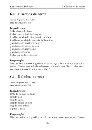6 Biscoitos e Bolachas                         6.2 Biscoitos de cacau


6.2      Biscoitos de cacau
Tempo de prepara¸ao: <30m
                c˜
Grau de diﬁculdade: f´cil
                     a

Ingredientes:
2/3 ch´vena de agua
       a        ´
2 ch´venas de farinha integral
    a
1 colher de ch´ de bicarbonato de s´dio
              a                    o
2 colheres de ch´ de essˆncia de baunilha
                a       e
1
2 ch´vena de manteiga de soja
     a
1
2 ch´vena de passas de uva
     a
1
2 ch´vena de amendoins
     a
1
2 ch´vena de cacau
     a
1 ch´vena de leite de soja
    a

Prepara¸ao:
         c˜
Mistura bem todos os ingredientes numa ta¸a e forma 24 bolinhas acha-
                                         c
tadas. Coloca num tabuleiro levemente untado com oleo e deixa assar
                                                   ´
no forno, durante 15 minutos, a 180 ◦ C.



6.3      Bolinhos de coco
Tempo de prepara¸ao: <30m
                c˜
Grau de diﬁculdade: f´cil
                     a

Ingredientes:
100g de farinha de trigo
50g de oleo
       ´
50g de a¸ucar
        c´
50g de passas de uva
50g de coco ralado
1 pitada de sal

Prepara¸ao:
        c˜
Mistura todos os ingredientes e forma uma massa compacta. Forma

                                  25
 