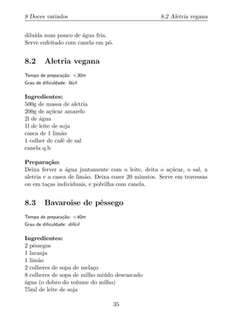 8 Doces variados                                    8.2 Aletria vegana


dilu´ num pouco de agua fria.
    ıda               ´
Serve enfeitado com canela em p´.
                               o


8.2      Aletria vegana
Tempo de prepara¸ao: <30m
                c˜
Grau de diﬁculdade: f´cil
                     a

Ingredientes:
500g de massa de aletria
200g de a¸ucar amarelo
           c´
2l de agua
      ´
1l de leite de soja
casca de 1 lim˜oa
1 colher de caf´ de sal
                e
canela q.b

Prepara¸ao:
          c˜
Deixa ferver a agua juntamente com o leite, deita o a¸ucar, o sal, a
                 ´                                      c´
aletria e a casca de lim˜o. Deixa cozer 20 minutos. Serve em travessas
                        a
ou em ta¸as individuais, e polvilha com canela.
          c


8.3      Bavaroise de pˆssego
                       e
Tempo de prepara¸ao: <40m
                c˜
Grau de diﬁculdade: dif´
                       ıcil

Ingredientes:
2 pˆssegos
    e
1 laranja
1 lim˜o
      a
2 colheres de sopa de mela¸o
                          c
8 colheres de sopa de milho mi´ do descascado
                              u
agua (o dobro do volume do milho)
´
75ml de leite de soja

                                    35
 