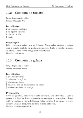 10.2 Compota de tomate                        10 Compotas e Geleias


10.2       Compota de tomate
Tempo de prepara¸ao: <30m
                c˜
Grau de diﬁculdade: f´cil
                     a


Ingredientes:
2 kg tomates maduros
1 kg a¸ucar amarelo
      c´
1 pau de canela
1 lim˜o
     a

Prepara¸ao:
         c˜
Pela o tomate e deixa escorrer 3 horas. Num tacho, mistura o a¸ucar
                                                              c´
com o tomate partido em peda¸os pequenos. Junta a canela e a casca
                               c
do lim˜o. Deixa ferver at´ ganhar consistˆncia.
      a                  e               e
Guarda em frascos.


10.3       Compota de goiaba
Tempo de prepara¸ao: <30m
                c˜
Grau de diﬁculdade: m´dio
                     e


Ingredientes:
4 goiabas maduras
2 ch´venas de a¸ucar
    a           c´
1
2 ch´vena de agua
     a        ´
1 colher de ch´ de casca ralada de lim˜o
              a                       a
1
2 ch´vena de licor de laranja
     a

Prepara¸ao:
         c˜
Corta as goiabas, sem casca e sem sementes, em tiras ﬁnas. Leva o
a¸ucar e a agua ao lume, mexendo at´ come¸ar a caramelizar. Junta
 c´         ´                          e      c
ent˜o a goiaba e a casca de lim˜o e deixa cozinhar 5 minutos, mexendo
   a                            a
sempre. Junta o licor, tira do lume e deixa arrefecer.
Guarda em frascos de vidro.

                                  46
 
