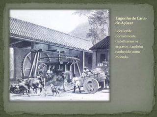 Engenho de Cana-
de-Açúcar

Local onde
normalmente
trabalhavam os
escravos , também
conhecido como
Moenda.
 