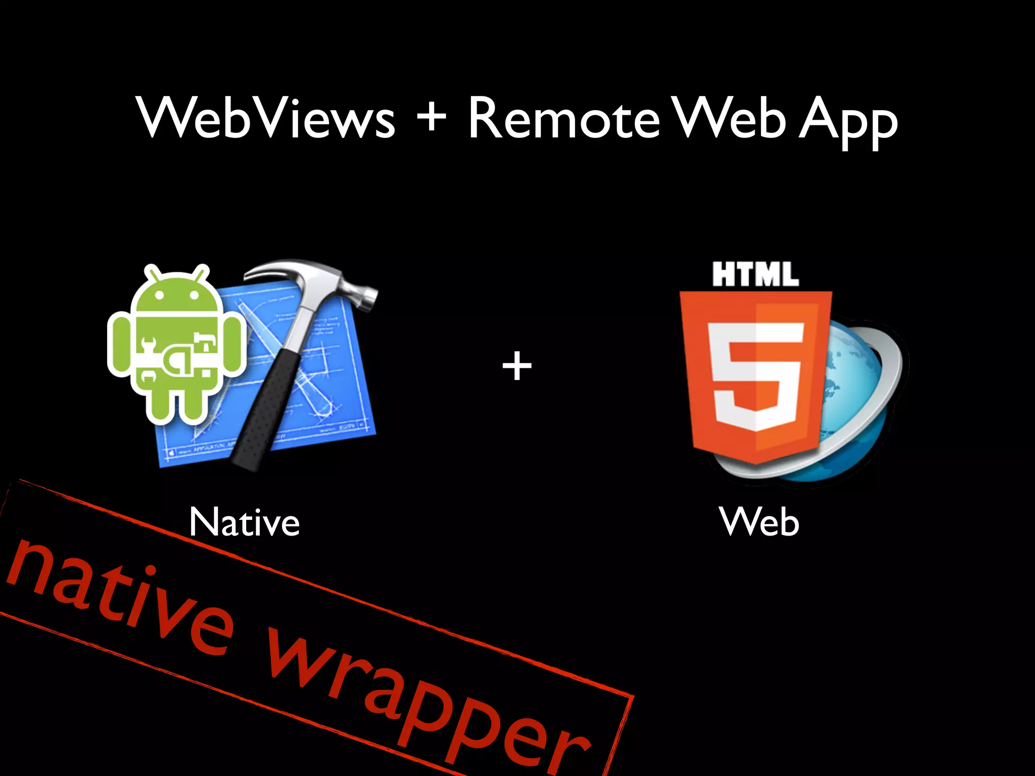 WebViews + Remote Web App



                +


nativ
    Native            Web

     e wr
             appe
                  r
 