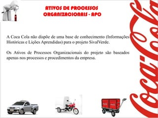 ATIVOS DE PROCESSOS
                  ORGANIZACIONAIS - APO



A Coca Cola não dispõe de uma base de conhecimento (Informações
Históricas e Lições Aprendidas) para o projeto SivalVerde.

Os Ativos de Processos Organizacionais do projeto são baseados
apenas nos processos e procedimentos da empresa.
 
