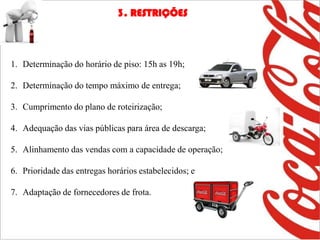 3. RESTRIÇÕES



1. Determinação do horário de piso: 15h as 19h;

2. Determinação do tempo máximo de entrega;

3. Cumprimento do plano de roteirização;

4. Adequação das vias públicas para área de descarga;

5. Alinhamento das vendas com a capacidade de operação;

6. Prioridade das entregas horários estabelecidos; e

7. Adaptação de fornecedores de frota.
 