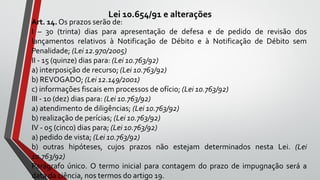 Lei 10.654/91 e alterações
Art. 14. Os prazos serão de:
I – 30 (trinta) dias para apresentação de defesa e de pedido de revisão dos
lançamentos relativos à Notificação de Débito e à Notificação de Débito sem
Penalidade; (Lei 12.970/2005)
II - 15 (quinze) dias para: (Lei 10.763/92)
a) interposição de recurso; (Lei 10.763/92)
b) REVOGADO; (Lei 12.149/2001)
c) informações fiscais em processos de ofício; (Lei 10.763/92)
III - 10 (dez) dias para: (Lei 10.763/92)
a) atendimento de diligências; (Lei 10.763/92)
b) realização de perícias; (Lei 10.763/92)
IV - 05 (cinco) dias para; (Lei 10.763/92)
a) pedido de vista; (Lei 10.763/92)
b) outras hipóteses, cujos prazos não estejam determinados nesta Lei. (Lei
10.763/92)
Parágrafo único. O termo inicial para contagem do prazo de impugnação será a
data da ciência, nos termos do artigo 19.
 