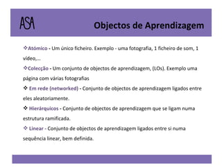 Atómico  -  Um único ficheiro. Exemplo - uma fotografia, 1 ficheiro de som, 1 vídeo,… Colecção  -  Um conjunto de objectos de aprendizagem, (LOs). Exemplo uma página com várias fotografias Em rede (networked)  -  Conjunto de objectos de aprendizagem ligados entre eles aleatoriamente. Hierárquicos  -  Conjunto de objectos de aprendizagem que se ligam numa estrutura ramificada. Linear -  Conjunto de objectos de aprendizagem ligados entre si numa sequência linear, bem definida. Objectos de Aprendizagem 