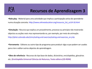 Role play  - Material para uma actividade que implica a participação activa do aprendente numa situação concreta.  http://www.arkiveeducation.org/resource_list_sci14-16.html Simulação -  Recurso que explica um procedimento, processo ou princípio não mostrando objectos ou acções reais mas representando-os, por exemplo, por meio de animação.  http://phet.colorado.edu/sims/eating-and-exercise/eating-and-exercise_en.jnlp Ferramenta  - Editores ou outro tipo de programas para produzir algo e que podem ser usados para criar e editar outros objectos de aprendizagem.  Obra de referência  - Recursos do tipo base de dados, dicionários, enciclopédias, glossários etc.  ( Enciclopédia Universal Ciências da Natureza, Texto editora (CD-ROM) Recursos de Aprendizagem 3 