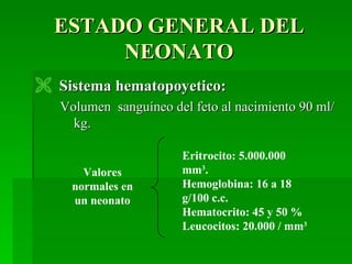 ESTADO GENERAL DEL
       NEONATO
 Sistema hematopoyetico:
   Volumen sanguíneo del feto al nacimiento 90 ml/
     kg.

                       Eritrocito: 5.000.000
       Valores         mm3.
     normales en       Hemoglobina: 16 a 18
     un neonato        g/100 c.c.
                       Hematocrito: 45 y 50 %
                       Leucocitos: 20.000 / mm3
 