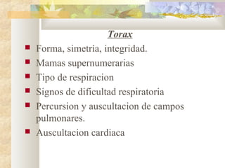 Torax
 Forma, simetría, integridad.
 Mamas supernumerarias
 Tipo de respiracion
 Signos de dificultad respiratoria
 Percursion y auscultacion de campos
pulmonares.
 Auscultacion cardiaca
 