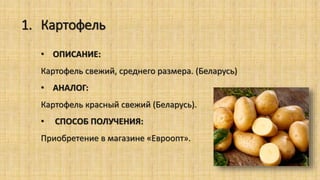 1. Картофель
• ОПИСАНИЕ:
Картофель свежий, среднего размера. (Беларусь)
• АНАЛОГ:
Картофель красный свежий (Беларусь).
• СПОСОБ ПОЛУЧЕНИЯ:
Приобретение в магазине «Евроопт».
 