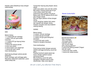 I’m Not a Chef……My Collection from Others
kepada udara.Sebaiknya tutup dengan
tuala lembap.
KEK
Bahan-bahan
1 ¼ cawan/250 gm mentega
1 cawan /230 gm gula kaster
5 biji telur
1 ¼ cawan/270 gm tepung halus
(superfine)
1 camca teh serbuk penaik
4 sudu susu pekat
4 camca besar susu segar/cair
1 camca teh esen vanila
Cara membuatnya
Ayak tepung dengan serbuk penaik.
Ketepikan.
Putar mentega, gula sehingga gebu.
Masukkan sebiji demi sebiji telur, pukul
sebati setiap kali.
Campurkan tepung yang diayak, kacau
sebati.
Letak susu pekat, susu cair dan vanila.
Bila sebati, timbang sebanyak 44 gm
untuk setiap cawan kek (saiz
sederhana) atau paipkan 3/4 penuh.
Bakar pada 180 0C selama 20-25 minit
atau hingga masak.
Biar kek sejuk sebelum dihias dengan
aising.
Untuk menghias ratakan kek cawan
dan sapulah kek dengan aising.
Hiaskan mengikut cita rasa kreativiti
masing-masing.
AISING
Bahan-bahan
½ cawan/ 100 gm mentega
¾ cawan/150 gm krimwell
¾ cawan/130 gm gula aising-ikut
kesukaan
½ camca teh esen vanila
Pewarna mengikut kesukaan
Cara membuatnya
Pukul semua bahan dengan pemutar
elektrik sehingga kembang, pucat dan
gebu.
Pastikan berhenti sekali-sekali dan
kacau dengan spatula supaya
semuanya sebati.
Bila kembang, pucat dan gebu,
bahagikan mengikut warna yang
dikehendaki. Siap untuk diguna.
Marble Vanilla Muffin
BAHAN-BAHANNYA
180 g mentega
140 g gula halus
2 biji telur gred A
100 ml susu segar
220 g tepung gandum*
2 camca teh baking powder*(*digaul
rata dan ayak)
1 camca teh esen vanilla
1 camca teh coklat emulco
 