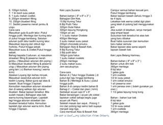 I’m Not a Chef……My Collection from Others
6. 100gm horlick.
7. 1 tin kecil susu pekat.
8. 1 sudu makan ovellet.
9. 250gm strawberi filling.
10. 250gm blueberi filing.
11. Sedikit pewarna merah jambu &
ungu.
Cara-cara
Masukkan gula & putih telur. Pukul
hingga putih. Mentega dan kuning telur
di pukul hingga kembang. Satukan
adunan putih telur kedlm kuning telur.
Masukkan tepung dan diikuti dgn
horlicks. Pukul hingga sebati.
Masukkan susu & ovellet.Pukul hingga
sebati.
Bahagi kepada 3 adunan. a) masukkan
strawberi filling & pewarna merah
jambu. ( Masukkan adunan dlm piping )
b) Masukkan blueberi filling & pewarna
ungu ( Masukkan adunan dlm piping
yang lain ) c) Biarkan kosong ( warna
krim)
Alaskan Loyang dgn kertas minyak.
Masukkan sesenduk adunan krim
kedlm Loyang. Bakar guna api atas &
bawah. Buat hingga 3 lapisan.
Kemudian masukkan adunan strawberi
dan di selang selikan dgn adunan
blueberi. Bakar lapisan tersebut. Bila
sudah masak.( Bahagian atas kek
warna kuning keperangan, Lapislah
lagi hingga adunan strawberi dan
blueberi tersebut habis. Kemudian
lapislah dgn adunan warna krim. Buat
hingga 3 lapisan.
Kek Lapis Suzana
Bahan-bahan ( 8" x 8" x 3" )
Bahagian Dlm Kek.
15 Biji Kuning Telur
6 Biji Putih Telur
320gm Gula Halus
300gm tepung Hongkong
150gm air ais
1 ½ sudu makan Ovelete
450gm Mentega
3 sudu makan susu pekat
200gm chocolate emulco.
Bahagian Atas & Bawah Kek.
8 Biji Kuning Telur
3 Biji putih telur
160gm gula halus
1 sudu makan ovelete
250gm mentega
2 sudu makan susu.
Jem secukupnya.
Cara-cara
Bahan A ( Telur hingga Ovelete ) di
pukul dgn laju hingga kembang
Bahan B ( Mentega & Susu ) pukul
hingga putih.
Bahan A di campur kedlm bahan B
Bahagi 2 :- Coklat dan plain ( krim)
Sediakan acuan saiz 8” x 8”
Bakar berasingan ( acuan utk coklat :
lapiskan coklat sahaja begitu juga
acuan utk Plain)
Setelah masak dan sejuk.. Potong 1
inci dan potong lagi seinci tadi supaya
menjadi segi tiga.
Cara membuat Atas & Bawah Kek
Campur semua bahan kecuali jem.
Pukul hingga kembang.
Bakar lapisan bawah dahulu hingga 3
ke 4 lapis.
Lekatkan kek warna coklat dgn plain
yang telah di potong tadi menggunakan
jem
Jika sudah di lekatkan, ianya menjadi
segi empat tepat
Susunkan kek tersebut ke atas kek
yang baru dibakar
Buat habis susunan dan kemudian
baru bakar semula
Bakar lapisan atas sama seperti
lapisan bawah kek
Kek Lapis Belang Harimau
Bahan-bahan ( 8" x 8" x 3" )
Bahan untuk dlm kek
360gm mentega
8 biji telur
1 gelas gula
1 s/m ovellete
1/2 tin susu pekat
1 s/m coklat emulco
1 s/t pewarna oren
1 s/m perasa oren ( boleh gunakan jus
oren )
1 1/2 gelas tepung hong kong
Bahan - bahan luar kek
8 biji telur
1 gelas gula
1/2 tin susu pekat
1 s/m ovellete
360gm mentega
 