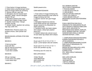I’m Not a Chef……My Collection from Others
1. Pukul bahan A hingga kembang.
2. Dalam bekas yang berasingan pukul
bahan B hingga sebati dan kembang.
3. Satukan adunan, gaul rata.
4. Bahagikan adunan kepada lapan
bahagian. Setiap adunan bahagian
seberat 180 gm.
5. Masukkan pewarna dan bakar
selapis demi selapis hingga masak.
6. Apabila masak tekan dengan
penekan zig-zag.
7. Setelah masak sejukkan dan potong
tiga segi (cutter 4/4)
PESAN SAJI: Pewarna peach, biru,
blueberi emulco, esen pandan dan
hijau.
BAHAN-BAHAN LAPISAN ATAS DAN
BAWAH:
BAHAN A:
12 biji kuning telur
6 biji putih telur
200 gm tepung hong kong
250 gm gula kastor
1 sudu kecil ovalatte
BAHAN B:
450 gm mentega
4 sudu besar susu pekat
1 sudu besar kaya
BAHAN C:
Sedikit pewarna biru
CARA MENYEDIAKAN:
1. Putar bahan A hingga kembang dan
dalam bekas berasingan putar bahan B
hingga kembang dan rata.
2. Satukan adunan dan gaul hingga
sebati.
3. Bahagikan kepada dua adunan.
Ambil sedikit adunan dan campurkan
dengan pewarna biru.Masukkan ke
dalam piping bag.
4. Sediakan acuan dan bakar selapis
demi selapis, setiap lapis paipkan
warna biru.
5. Setelah selesai satu adunan susun
inti dan bakar lagi selapis demi selapis.
PESAN SAJI:
Acuan saiz 8 1/2 x 8 1/2 x 3 1/2 = 1
acuan (untuk lapisan atas dan bawah)
Acuan saiz 8 1/2 x 8 1/2 x 2 1/2 = 1
acuan dan penekan zig zag.
Pemotong saiz 4/4 untuk inti.
KEK LAPIS IDOLA
10 BIJI TELUR
16OZ MENTEGA
200 G HORLICK
80 G KAYA
50 G SERBUK SANTAN
300 G COKLAT MASAKKAN
1 TIN SUSU MANIS
1½ GELAS GULA HALUS
1½ GELAS MILO
2GELAS TEPUNG GANDUM
1 SUDU TEH VANILLA
1 SUDU BESAR OVELLET
BROWNING SUGAR DAN PEWARNA
KUNING
PUKUL MENTEGA DAN GULA
HINGGA PUTIH. MASUKKAN TELUR
SATU PERSATU HINGGA HABIS DAN
GAUL RATA. SELEPAS ITU,
MASUKKAN SUSU MANIS, HORLICK,
KAYA, SERBUK SANTAN, TEPUNG
GANDUM DAN VANILLA. BAHAGI
ADUNAN KEPADA 2 BAH.
1. CAMPURKAN DENGAN PEWARNA
KUNING DAN BAHAGI KEPADA 2
(ATAS & BAWAH)
2. CAMPURKAN BROWNING SUGAR
DAN COKLAT MASAKKAN (YG
DICAIRKAN)
BAKAR SECARA BERLAPIS-LAPIS.
KUNING BAWAH – COKLAT –
KUNING ATAS.
P/S : 300G COKLAT MASAKAN
SAHAJA!!!
KEK LAPIS HORLICK
10 BIJI TELUR
16OZ MENTEGA
1 BOTOL HORLICK
1 TIN SUSU MANIS
 