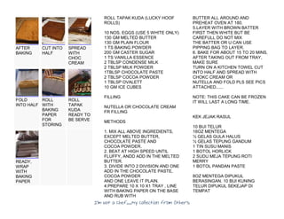 I’m Not a Chef……My Collection from Others
AFTER
BAKING
CUT INTO
HALF
SPREAD
WITH
CHOC
CREAM
FOLD
INTO HALF
ROLL
WITH
BAKING
PAPER
FOR
STORING
ROLL
TAPAK
KUDA
READY TO
BE SERVE
READY,
WRAP
WITH
BAKING
PAPER
ROLL TAPAK KUDA (LUCKY HOOF
ROLLS)
10 NOS. EGGS (USE 5 WHITE ONLY)
130 GM MELTED BUTTER
130 GM PLAIN FLOUR
1 TS BAKING POWDER
200 GM CASTER SUGAR
1 TS VANILLA ESSENCE
2 TBLSP CONDENSE MILK
2 TBLSP MILK POWDER
1TBLSP CHOCOLATE PASTE
2 TBLSP COCOA POWDER
1 TBLSP OVALETT
10 GM ICE CUBES
FILLING
NUTELLA OR CHOCOLATE CREAM
FR FILLING
METHODS
1. MIX ALL ABOVE INGREDIENTS,
EXCEPT MELTED BUTTER,
CHOCOLATE PASTE AND
COCOA POWDER.
2. BEAT AT HIGH SPEED UNTIL
FLUFFY, ANDD ADD IN THE MELTED
BUTTER.
3. DIVIDE INTO 2 DIVISION AND ONE
ADD IN THE CHOCOLATE PASTE,
COCOA POWDER
AND ONE LEAVE IT PLAIN.
4.PREPARE 10 X 10 X1 TRAY , LINE
WITH BAKING PAPER ON THE BASE
AND RUB WITH
BUTTER ALL AROUND AND
PREHEAT OVEN AT 180.
5.LAYER WITH BROWN BATTER
FIRST THEN WHITE BUT BE
CAREFULL DO NOT MIX
THE BATTER OR U CAN USE
PIPPING BAG TO LAYER.
6. BAKE FOR ABOUT 15 TO 20 MINS,
AFTER TAKING OUT FROM TRAY,
MAKE SURE
TURN ON A KITCHEN TOWEL CUT
INTO HALF AND SPREAD WITH
CHOKC CREAM OR
NUTELLA AND FOLD PLS SEE PICS
ATTACHED......
NOTE: THIS CAKE CAN BE FROZEN
IT WILL LAST A LONG TIME.
KEK JEJAK RASUL
10 BIJI TELUR
16OZ MENTEGA
½ GELAS GULA HALUS
½ GELAS TEPUNG GANDUM
1 TIN SUSU MANIS
1 BOTOL HORLICK
2 SUDU MEJA TEPUNG ROTI
MERRY
1 BOTOL PANDAN PASTE
8OZ MENTEGA DIPUKUL
BERASINGAN. 10 BIJI KUNING
TELUR DIPUKUL SEKEJAP DI
TEMPAT
 