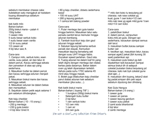 I’m Not a Chef……My Collection from Others
sebelum membakar cheese cake
ituletakkan satu manggkuk air kedalam
loyang dibawahnya sebelum
membakar
kek batik milo
Bahan-bahan
250g biskut marie – patah 4
150g butter
1 cawan milo
5 sudu besar serbuk koko
1 sudu besar esen vanila
1/2 tin susu pekat
1/2 cawan air
4 biji telur saiz A
Cara-cara
1. Campur milo, serbuk koko, esen
vanila, susu pekat, air dan telur di
dalam periuk. Kacau sehingga sekata
dan panaskan di atas api yang
sederhana.
2. Masukkan butter ke dalam periuk
dan kacau sehingga adunan menjadi
pekat.
3. Masukkan biskut marie dan kacau
sehingga sebati.
4. Masukkan adunan ke dalam bekas
dan mampatkan.
5. Sejukkan dalam petik sejuk selama 1
jam sebelum dihidangkan.
Kek keju cheddar
Bahan-bahan ( 10 - 15 orang )
• 250 g mentega
• 230 g gula kastor
• 4 biji telur Gred A
• 80 g keju cheddar, didadu sederhana
besar
• 100 ml susu UHT
• 280 g tepung gandum
• 1 camca teh baking powder
Cara-cara
1. Putar mentega dan gula kastor
hingga berkrim. Masukkan telur satu
persatu sambil terus memutar hingga
adunan kembang.
2. Tambah kiub-kiun keju dan gaul
adunan hingga sebati.
3. Satukan tepung bersama serbuk
penaik dan diayak. Kemudian
masukkan tepung berselang seli
dengan susu UHT hingga habis.
Gunakan speed perlahan. Gaul rata.
4. Tuang adunan ke dalam loaf tin yang
telah digris dengan mentega dan dialas
kertas pada dasarnya. Bakar dalam
oven yg telah dipanaskan terlebih
dahulu pada suhu 175C selama 45
minit atau hingga masak.
5. Boleh juga ditaburkan keju cheddar
parut diatas adunan kek sebelum
membakar (jika suka....).
Kek batik biskut marie
Bahan-bahan ( loyang 7/8" )
• 1 bungkus (350g) biskut marie
• Setengah buku butter
• 2 biji telur
• 1 cwn serbuk koko
• 1/2 cwn milo
• 1 cwn air
• 3/4 cwn gula
** milo dan koko tu terpulang pd
citarasa. nak rase cokelat yg
kuat..gune 1 cwn koko+1/2 cwn
milo.nak rase yg agak mild,gune 1cwn
milo+1/2 cwn koko
Cara-cara
1. patah2kan biskut
2. dalam periuk, campurkan
koko,milo,air,gula. Dengan api
sederhana, kacaukan sampai semua
dah larut
3. masukkan butter,kacau sampai
butter cair
4. kecilkan api, masukkan telur..kacau
sampai agak2 pekat (lbh kurang 30
saat).padamkan api
5. masukkan pula biskut yg dah
dipatahkan tadi.kacaukan sampai
semua biskut dh di selaputi
cokelat.(sukatan biskut terpulang pd
citarasa. kalo nak byk cokelat gune
sket ajer...)
6. masukkan dlm loyang..tekan2 sket
bg padat.simpan dlm peti sejuk
sebelum dipotong dan dihidang
Kek Gula Hangus
Bahan-bahan ( 6 orang )
1 cawan gula
1 cawan air panas
1 cawan tepung gandum
1 cawan susu pekat
2 camt soda bikarbonat
4 biji telur
2 camb mentega
 