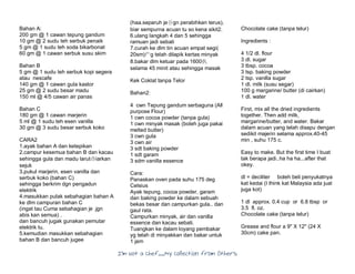 I’m Not a Chef……My Collection from Others
Bahan A:
200 gm @ 1 cawan tepung gandum
10 gm @ 2 sudu teh serbuk penaik
5 gm @ 1 sudu teh soda bikarbonat
60 gm @ 1 cawan serbuk susu skim
Bahan B
5 gm @ 1 sudu teh serbuk kopi segera
atau nescafe
140 gm @ 1 cawan gula kastor
25 gm @ 2 sudu besar madu
150 ml @ 4/5 cawan air panas
Bahan C
180 gm @ 1 cawan marjerin
5 ml @ 1 sudu teh esen vanilla
30 gm @ 3 sudu besar serbuk koko
CARA2
1.ayak bahan A dan ketepikan
2.campur kesemua bahan B dan kacau
sehingga gula dan madu larut卋iarkan
sejuk
3.pukul marjerin, esen vanilla dan
serbuk koko (bahan C)
sehingga berkrim dgn pengadun
elektrik
4.masukkan pulak sebahagian bahan A
ke dlm campuran bahan C
(ingat tau Cuma sebahagian je .jgn
abis kan semua) .
dan bancuh jugak gunakan pemutar
elektrik tu.
5.kemudian masukkan sebahagian
bahan B dan bancuh jugee
(haa.separuh je卝gn perabihkan terus).
biar sempurna acuan tu so kena sikit2.
6.ulang langkah 4 dan 5 sehingga
ramuan jadi sebati
7.curah ke dlm tin acuan empat segi(
20sm)厃g telah dilapik kertas minyak
8.bakar dlm ketuar pada 1600扖
selama 45 minit atau sehingga masak
Kek Coklat tanpa Telor
Bahan2:
4 cwn Tepung gandum serbaguna (All
purpose Flour)
1 cwn cocoa powder (tanpa gula)
1 cwn minyak masak (boleh juga pakai
melted butter)
3 cwn gula
3 cwn air
3 sdt baking powder
1 sdt garam
3 sdm vanilla essence
Cara:
Panaskan oven pada suhu 175 deg
Celsius
Ayak tepung, cocoa powder, garam
dan baking powder ke dalam sebuah
bekas besar dan campurkan gula.. dan
gaul rata.
Campurkan minyak, air dan vanilla
essence dan kacau sebati.
Tuangkan ke dalam loyang pembakar
yg telah di minyakkan dan bakar untuk
1 jam
Chocolate cake (tanpa telur)
Ingredients :
4 1/2 dl. flour
3 dl. sugar
3 tbsp. cocoa
3 tsp. baking powder
2 tsp. vanilla sugar
1 dl. milk (susu segar)
100 g margarine/ butter (di cairkan)
1 dl. water
First, mix all the dried ingredients
together. Then add milk,
margarine/butter, and water. Bakar
dalam acuan yang telah disapu dengan
sedikit majerin selama approx.40-45
min , suhu 175 c.
Easy to make. But the first time I buat
tak berapa jadi..ha ha ha...after that
okey.
dl = deciliter boleh beli penyukatnya
kat kedai (I think kat Malaysia ada jual
juga kot)
1 dl approx. 0.4 cup or 6.8 tbsp or
3.5 fl. oz.
Chocolate cake (tanpa telur)
Grease and flour a 9" X 12" (24 X
30cm) cake pan.
 