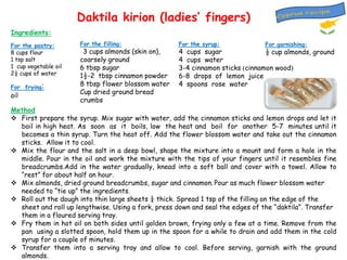 Daktila kirion (ladies’ fingers)
Ingredients:
For the pastry:
8 cups flour
1 tsp salt
1 cup vegetable oil
2½ cups of water
For frying:

oil

For the filling:

3 cups almonds (skin on),
coarsely ground
6 tbsp sugar
1½-2 tbsp cinnamon powder
8 tbsp flower blossom water
Cup dried ground bread
crumbs

For the syrup:

For garnishing:

4 cups sugar
½ cup almonds, ground
4 cups water
3-4 cinnamon sticks cinnamon wood
6-8 drops of lemon juice
4 spoons rose water

Method
 First prepare the syrup. Mix sugar with water, add the cinnamon sticks and lemon drops and let it
boil in high heat. As soon as it boils, low the heat and boil for another 5-7 minutes until it
becomes a thin syrup. Turn the heat off. Add the flower blossom water and take out the cinnamon
sticks. Allow it to cool.
 Mix the flour and the salt in a deep bowl, shape the mixture into a mount and form a hole in the
middle. Pour in the oil and work the mixture with the tips of your fingers until it resembles fine
breadcrumbs.Add in the water gradually, knead into a soft ball and cover with a towel. Allow to
“rest” for about half an hour.
 Mix almonds, dried ground breadcrumbs, sugar and cinnamon. Pour as much flower blossom water
needed to “tie up” the ingredients.
 Roll out the dough into thin large sheets ¼ thick. Spread 1 tsp of the filling on the edge of the
sheet and roll up lengthwise. Using a fork, press down and seal the edges of the “daktila”. Transfer
them in a floured serving tray.
 Fry them in hot oil on both sides until golden brown, frying only a few at a time. Remove from the
pan using a slotted spoon, hold them up in the spoon for a while to drain and add them in the cold
syrup for a couple of minutes.
 Transfer them into a serving tray and allow to cool. Before serving, garnish with the ground
almonds.

 