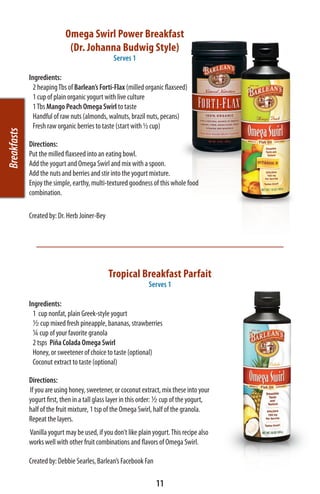 Omega Swirl Power Breakfast
                             (Dr. Johanna Budwig Style)
                                                 Serves 1

             Ingredients:
               2 heaping Tbs of Barlean’s Forti-Flax (milled organic flaxseed)
               1 cup of plain organic yogurt with live culture
               1 Tbs Mango Peach Omega Swirl to taste
               Handful of raw nuts (almonds, walnuts, brazil nuts, pecans)
               Fresh raw organic berries to taste (start with ½ cup)
Breakfasts




             Directions:
             Put the milled flaxseed into an eating bowl.
             Add the yogurt and Omega Swirl and mix with a spoon.
             Add the nuts and berries and stir into the yogurt mixture.
             Enjoy the simple, earthy, multi-textured goodness of this whole food
             combination.

             Created by: Dr. Herb Joiner-Bey




                                               Tropical Breakfast Parfait
                                                                Serves 1

             Ingredients:
                   1 cup nonfat, plain Greek-style yogurt
               1/2 cup mixed fresh pineapple, bananas, strawberries
                 1/4 cup of your favorite granola
                   2 tsps Piña Colada Omega Swirl
                   Honey, or sweetener of choice to taste (optional)
                   Coconut extract to taste (optional)

             Directions:
             If you are using honey, sweetener, or coconut extract, mix these into your
             yogurt first, then in a tall glass layer in this order: 1/2 cup of the yogurt,
             half of the fruit mixture, 1 tsp of the Omega Swirl, half of the granola.
             Repeat the layers.
             Vanilla yogurt may be used, if you don’t like plain yogurt. This recipe also
             works well with other fruit combinations and flavors of Omega Swirl.

             Created by: Debbie Searles, Barlean’s Facebook Fan

                                                                   11
 