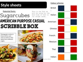Style sheets
2Creative Media Production 2013
Colour scheme:
British
:
Italian:
Chinese:
American:
Indian:
Mexican:
Thai:
French:
Potential fonts: This is the font we
will be using for the
main body of text on
our recipe cards.
Photographs similar to
these will be used. –
close up shots in clear
detail and in different
angles.
 