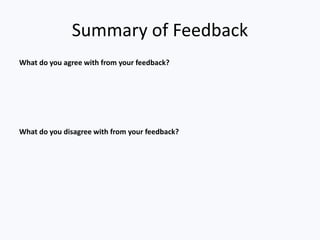 Summary of Feedback
What do you agree with from your feedback?
What do you disagree with from your feedback?
 