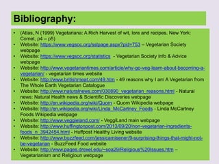Bibliography:
• (Atlas, N (1999) Vegetariana: A Rich Harvest of wit, lore and recipes. New York:
Comet, p4 – p5)
• Website: https://www.vegsoc.org/sslpage.aspx?pid=753 – Vegetarian Society
webpage
• Website: https://www.vegsoc.org/statistics - Vegetarian Society Info & Advice
webpage
• Website: http://www.vegetariantimes.com/article/why-go-veg-learn-about-becoming-a-
vegetarian/ - vegetarian times website
• Website: http://www.britishmeat.com/49.htm - 49 reasons why I am A Vegetarian from
The Whole Earth Vegetarian Catalogue
• Website: http://www.naturalnews.com/030890_vegetarian_reasons.html - Natural
news: Natural Health news & Scientific Discoveries webpage
• Website: http://en.wikipedia.org/wiki/Quorn - Quorn Wikipedia webpage
• Website: http://en.wikipedia.org/wiki/Linda_McCartney_Foods - Linda McCartney
Foods Wikipedia webpage
• Website: http://www.veggieland.com/ - VeggiLand main webpage
• Website: http://www.huffingtonpost.com/2013/09/20/non-vegetarian-ingredients-
foods_n_3942454.html - Huffpost Healthy Living website
• Website: http://www.buzzfeed.com/jessicamisener/9-surprising-things-that-might-not-
be-vegetarian - BuzzFeed Food website
• Website: http://www.pages.drexel.edu/~soa29/Religious%20Issues.htm –
Vegetarianism and Religioun webpage
 